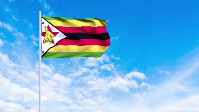 Flag of Zimbabwe Waving in the wind, blue sky with clouds Background, Slow Motion, Realistic Animation, 4K