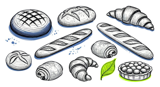 Assortment of Freshly Baked Bread and Pastries, Hand-Drawn Sketch Style