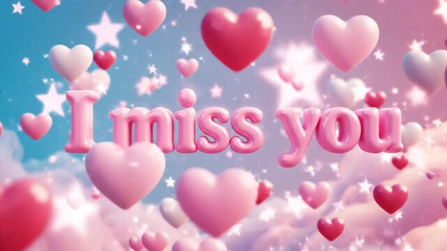 Pink I miss you text floating in heart filled clouds