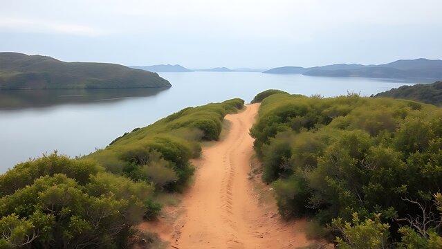 oganesson. A dirt path through dense bushes connecting two calm bodies of water, serene landscape with deep depth. travel magazines, destination branding, designed for travel destination branding.
