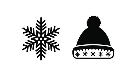 Fototapeta premium Winter icons of a snowflake and beanie hat black silhouette