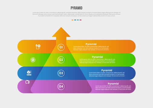 pyramid structure base shape infographics gradient template diagram with arrow top direction with long rectangle box container with 4 point step creative