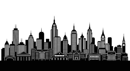Obraz premium Black and white city skyline buildings.