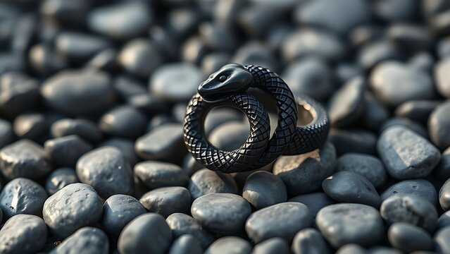 ouroboros. Dark stone Ouroboros serpent ring resting on grey pebbles. event programs, museum guides, designed for cultural heritage projects and event programs, used by ui designers.