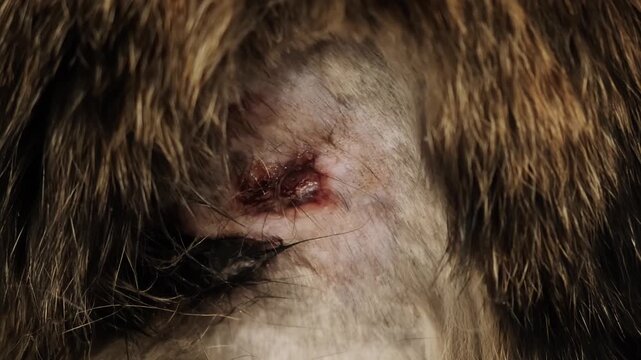 A cat after fight with a lacerated wound on body. An animal bite. Pet treatment. A laceration with blood on the pet's side. The injured area of skin. High quality 4K footage. High quality 4K footage.