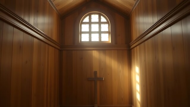kneeler. The interior of an empty confessional booth with soft light entering through a wooden lattice. event programs, museum guides, designed for cultural heritage projects and event programs.