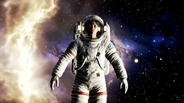 Astronaut in white space suit with polished visor floats, slowly rotating 360 degrees against a luminous nebula with golden energy, cosmic exploration.
