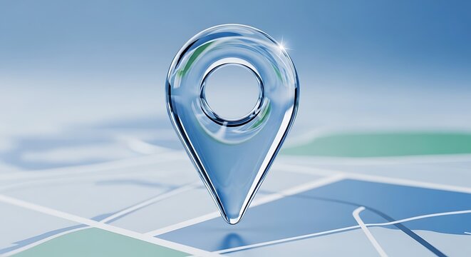 A shiny blue location pin icon on a blurred map background with green and white lines