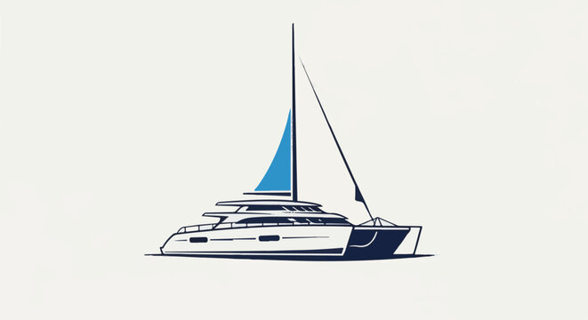 Stylized illustration of a modern white catamaran sailboat with blue sail