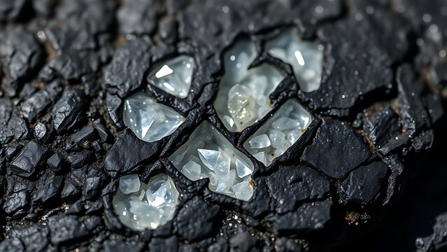 pegmatite. Close-up of dark pegmatite rock with embedded sparkling minerals. STEM education sheets, lab safety posters, designed for biotech research communications, supports STEM education.