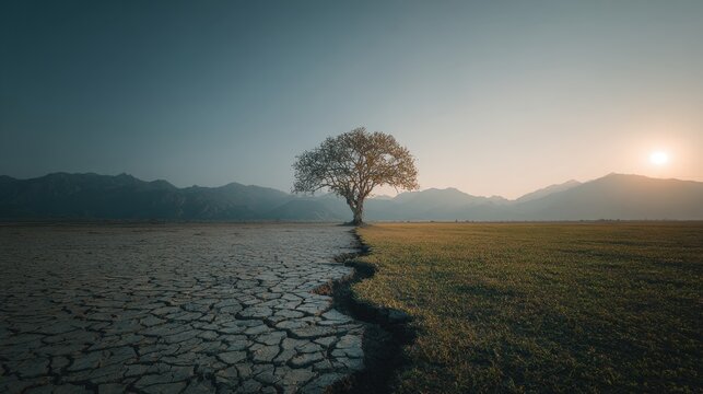 Lone tree between cracked dry earth and green field at sunrise, symbolizing climate change and contrast between drought and fertile land.
