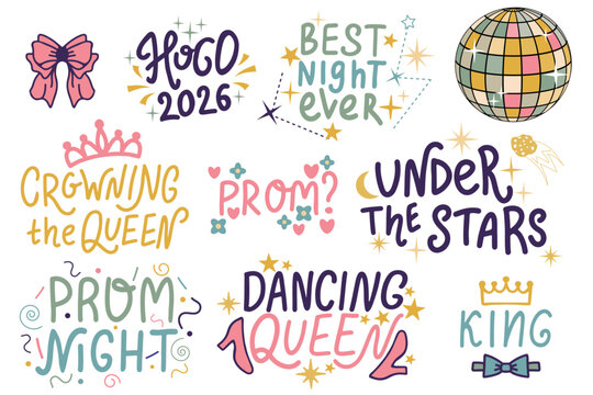 Homecoming 2026 vector lettering set, HOCO party graphic elements with disco ball, crown and bow. Hand drawn school dance typography, prom night celebration assets isolated on white.