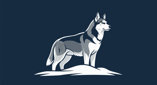 Stylized illustration of a husky dog standing on a snowy mound