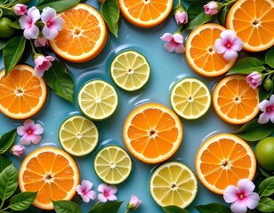 Refreshing Citrus Still Life with Blossoms and Green Foliage