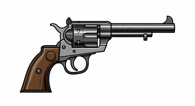 Stylized drawing of a silver and brown revolver gun