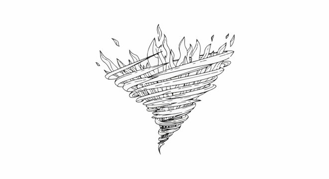 Stylized black and white drawing of a fiery tornado swirling upwards