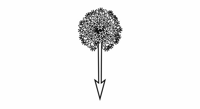 Stylized black and white drawing of a spherical flower with an arrow