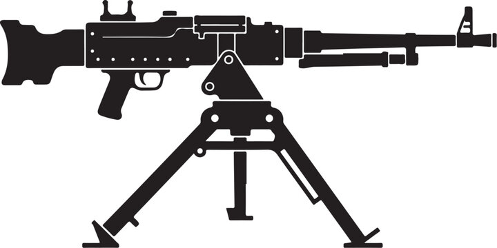 Machine gun, assault rifle, black silhouette, vector illustration, military weapon, gun on tripod stand