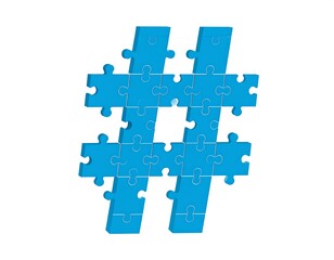 Fototapeta premium Blue hashtag assembled from jigsaw puzzle pieces on white background