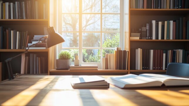 A cozy study room illuminated by sunlight, showcasing a wooden desk, lamp, and open books near a window