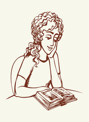 Obraz premium Vector drawing. Girl reading a book