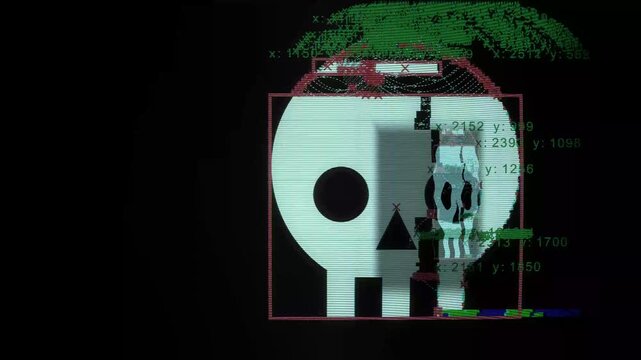 The skull is a matrix-style glitch. The terminal code is heavily digitally distorted. Cyberpunk animation. Extreme crash effect. Terminal coordinates, red borders.