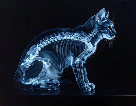 A blue-tinted x-ray of a sitting cat