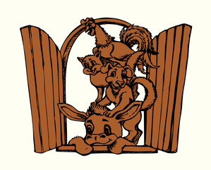 Obraz premium Vector drawing. Donkey, dog, cat and rooster.