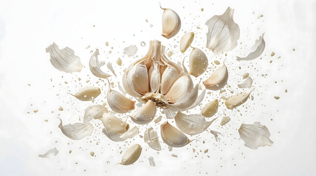 Explosion of a deconstructed garlic bulb, separate garlic cloves, papery skins, and a shower of chopped garlic on a clean white background.