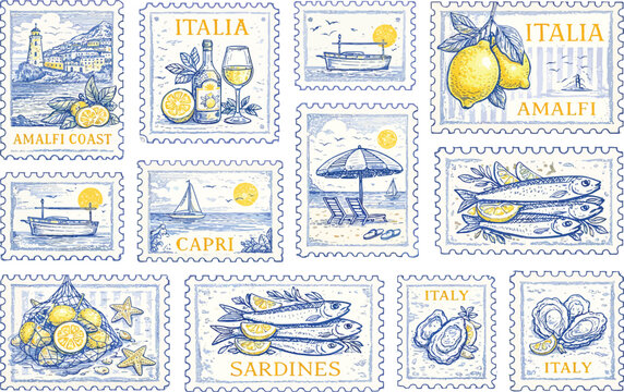 Amalfi summer stamp collection with vintage postcard borders in blue and beige. Italy frames with lemons and pizza, seashells, sailboat and coastal landscape. Retro postal Mediterranean travel design 