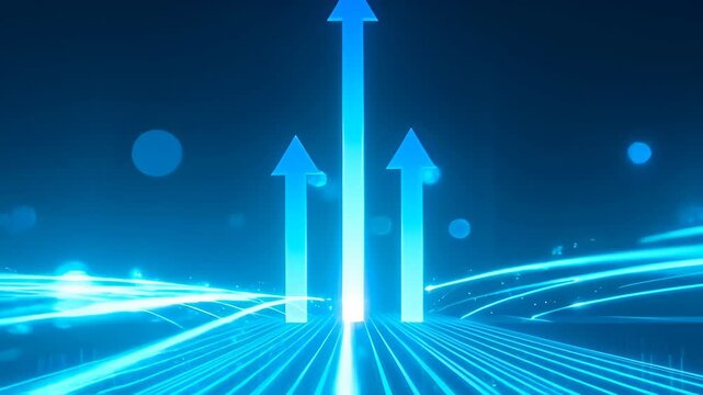 Glowing blue arrows rising from illuminated data lines futuristic digital grid, glowing blue arrow pointing upward neon grid with floating light orbs and futuristic glow, glowing blue arrows rising
