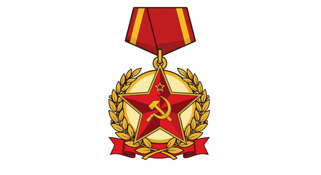 Soviet-era medal with red star, hammer, sickle, and laurel wreath