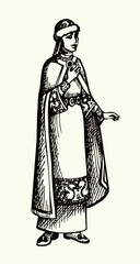 Obraz premium Vector drawing. Pretty ancient girl of Kievan Rus