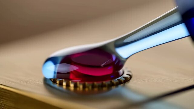 Oiler dispensing a microscopic translucent drop with a needlethin applicator on a ruby gemstone setting.