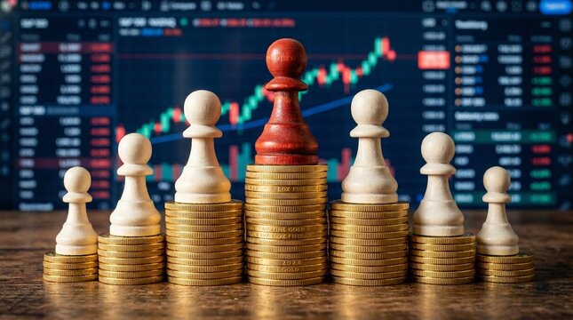 red pawn stands victoriously at the peak of a gold coin pyramid Red figure stands atop gold coins successful investment strategy and the competitive edge required to master the complexities 
