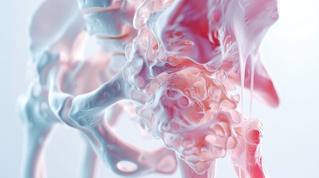 3D CGI medical visualization of hip joint osteoarthritis, transparent muscle layers revealing damaged joint capsule, bone-on-bone contact, osteophyte growths, clinical blue and white color palette
