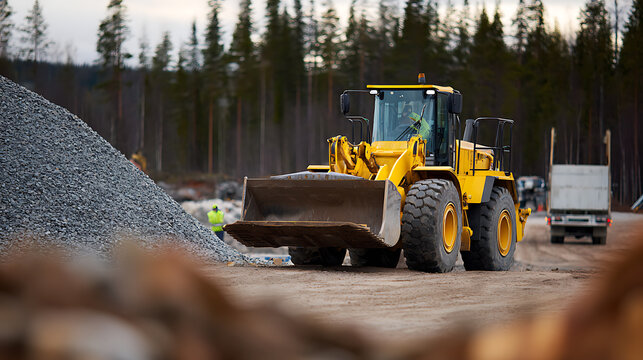 Heavy-Duty Yellow Wheel Loader at Work on a Construction Site with Pile of Gravel and Worker in Hi-Vis Vest, Forest Backdrop
