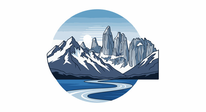Snowy mountain peaks rise above a winding river under a pale sun