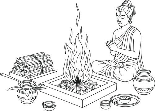 A serene line art illustration depicting a traditional vedic yajna ceremony with an indian priest