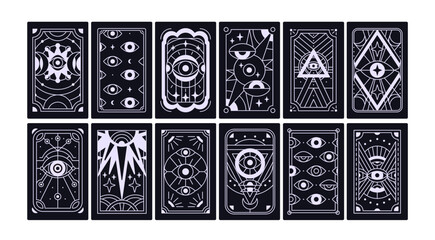 Back side of tarot cards set. Celestial cosmic occult symbols and signs, line geometric patterns, oracle eyes. Magic mystic esoteric taro posters, reverse background designs. Flat vector illustrations