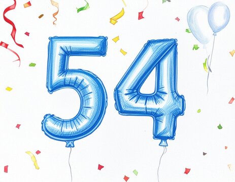 Pencil drawing of blue number 54 balloon. Sketch for birthday or anniversary party