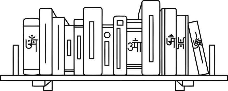 A simple black and white line art illustration of a bookshelf filled with various thick books