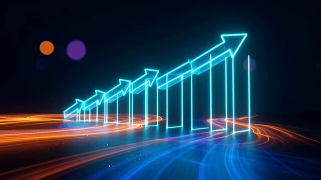 Neon arrow bar chart rising perspective with glowing blue and orange light trails conveying dynamic growth and futuristic momentum neon arrows beside glowing orange and blue light trails dark