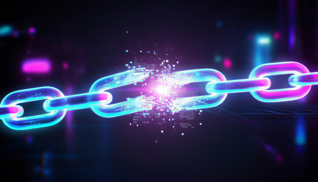 A vibrant digital rendering depicts a chain breaking apart into glowing particles symbolizing disruption and technological advancement high quality professional detailed modern elegant