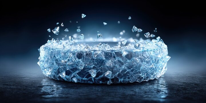 Abstract ring of shattered ice fragments exploding outwards on a dark reflective surface