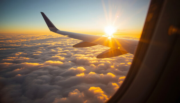 The wing of an airplane above the fluffy clouds of the sky
