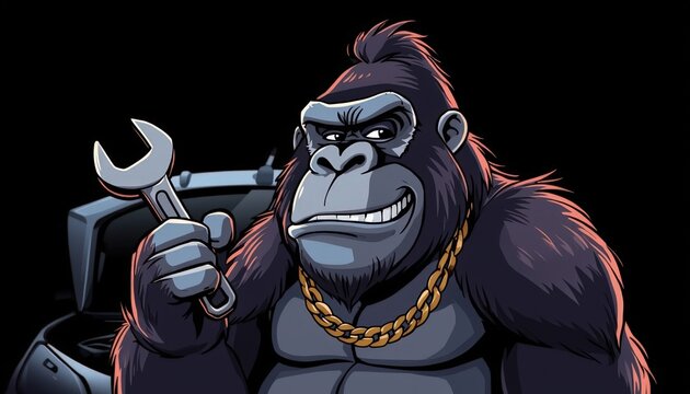 A black gorilla holds a monkey wrench in an auto repair shop, embodies a car repair master