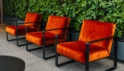 Fototapeta premium Velvet armchairs on the background of a green wall with plants