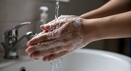 Fototapeta premium Hands washing with soap bubbles, focused and clean, in a modern bathroom