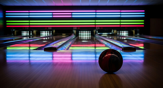 Colorful Bowling Alley Lanes Illuminated by Neon Lights with a Bowling Ball in the Foreground